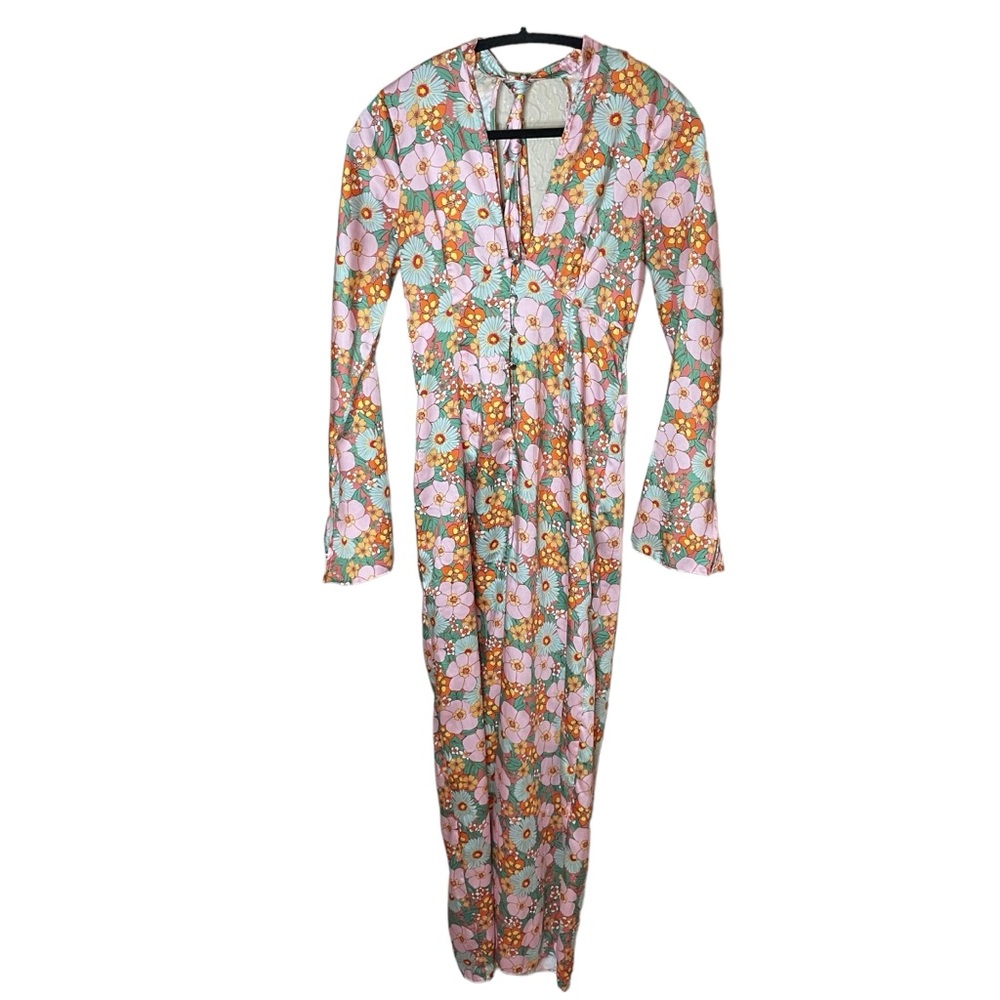 ASOS 70s Neck Tie Tea Jumpsuit Retro Floral Size‎ US 4 Flowers Pink Green Yellow